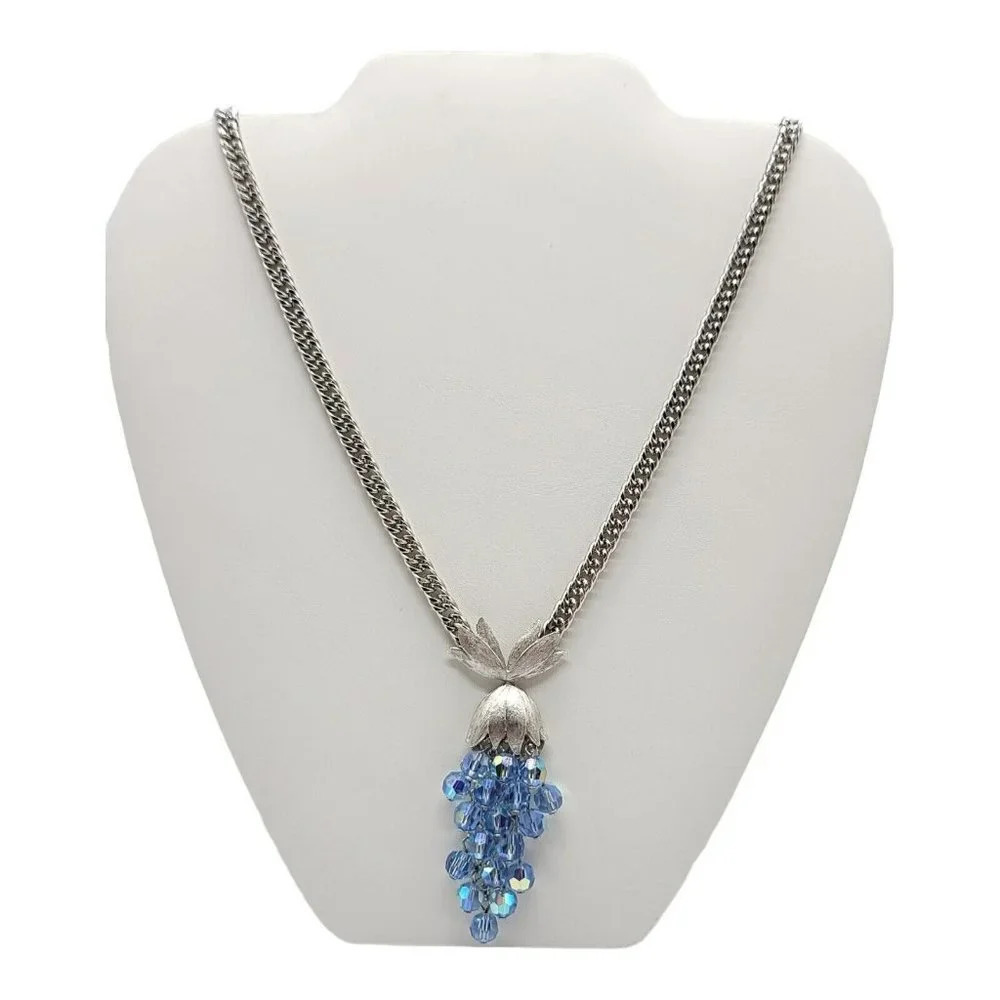 Blue Crystal Cluster Bead Dangle Grape Pendant Silver Tone Vintage Necklace